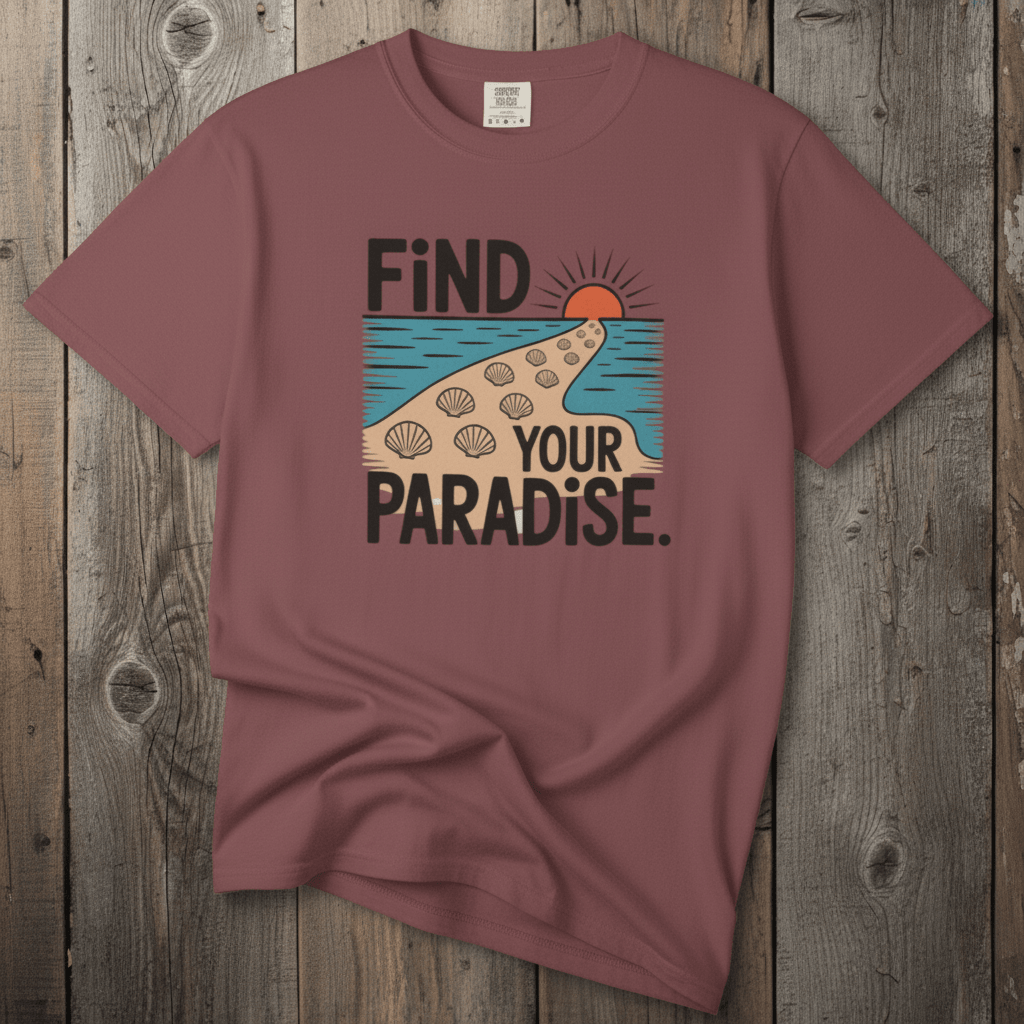 Flat lay - mauve Find Your Paradise tee with Comfort Colors label on weathered driftwood planks
