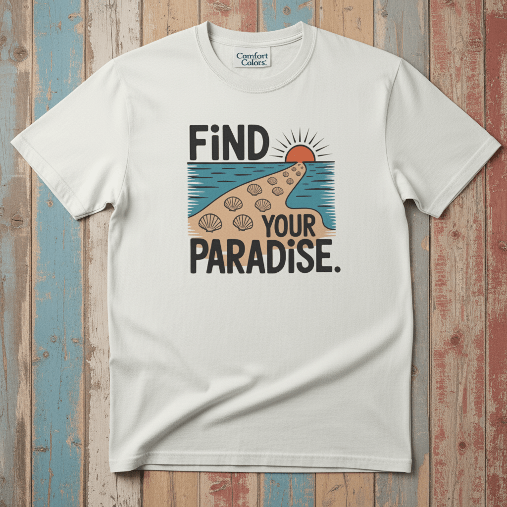 Flat lay - white Find Your Paradise tee with Comfort Colors label on weathered driftwood planks