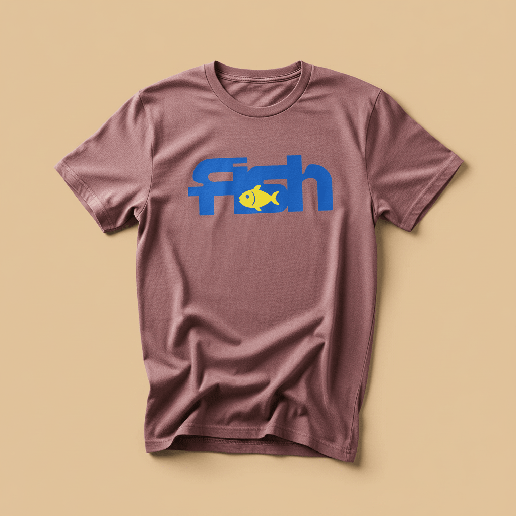Fish Tee in Brick — front graphic, warm sand studio background