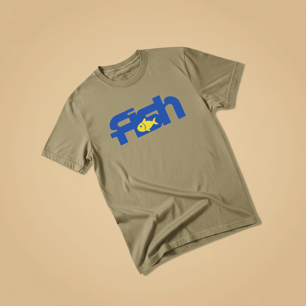 Fish Tee in Khaki — front graphic, warm sand studio background