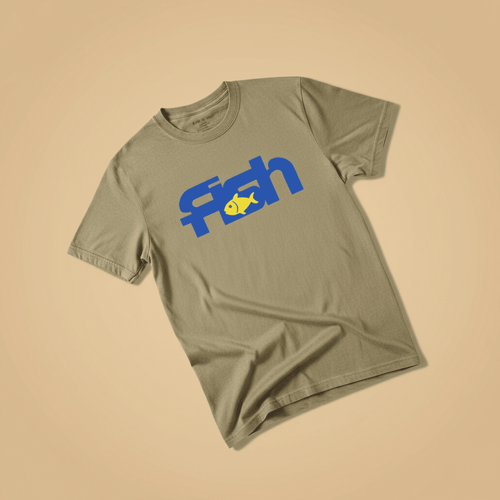 Fish Tee in Khaki — front graphic, warm sand studio background