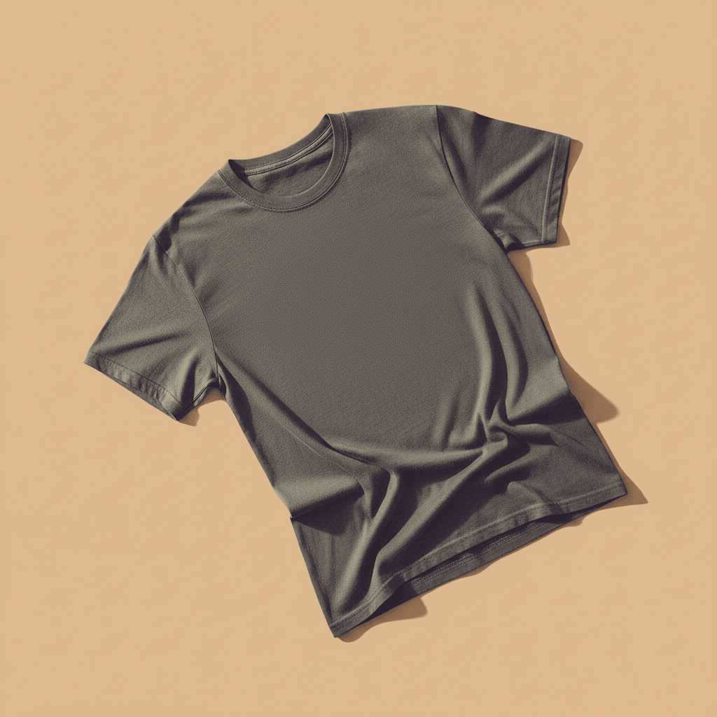 Fish Tee in Graphite — plain back, warm sand studio background