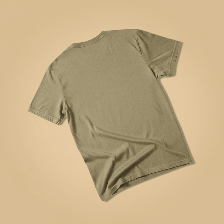 Fish Tee in Khaki — plain back, warm sand studio background