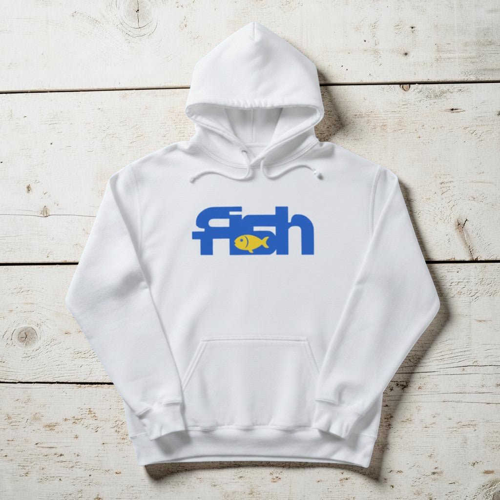 Fish Hoodie in White — front graphic, warm sand studio background