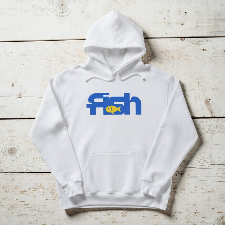 Fish Hoodie in White — front graphic, warm sand studio background