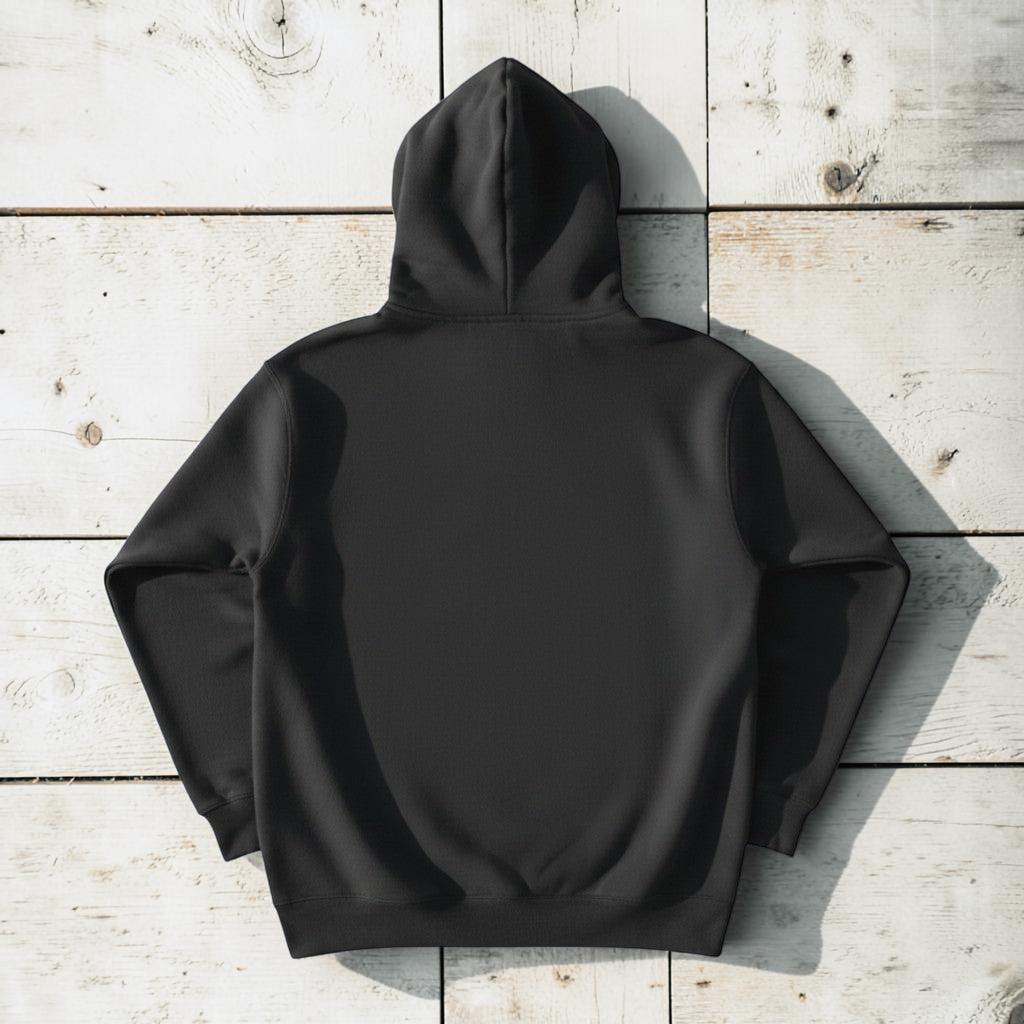 Fish Hoodie in Charcoal — plain back, warm sand studio background