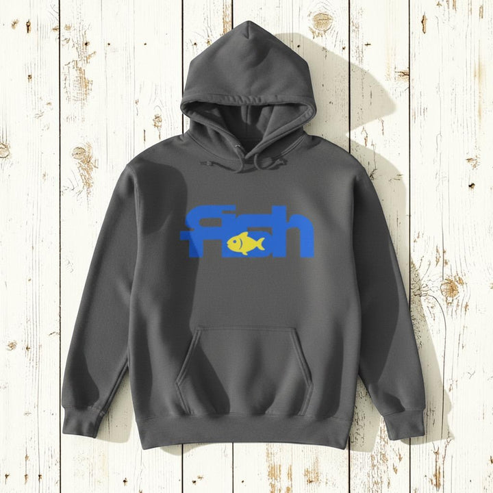 Fish Hoodie in Grey — front graphic, warm sand studio background
