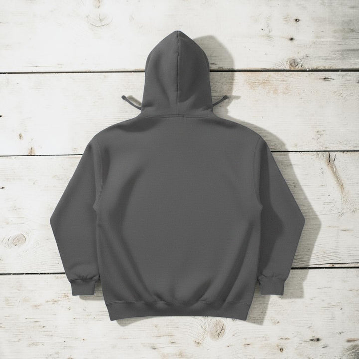 Fish Hoodie in Grey — plain back, warm sand studio background
