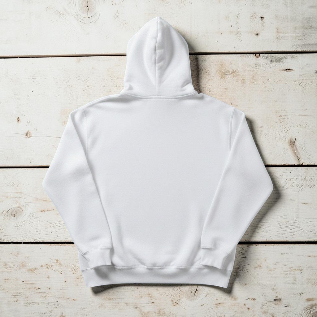 Fish Hoodie in White — plain back, warm sand studio background