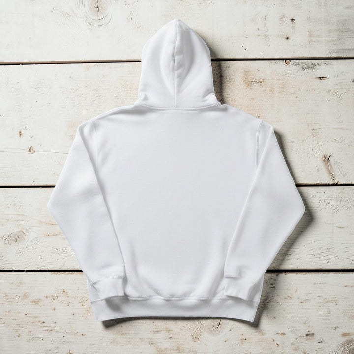 Fish Hoodie in White — plain back, warm sand studio background