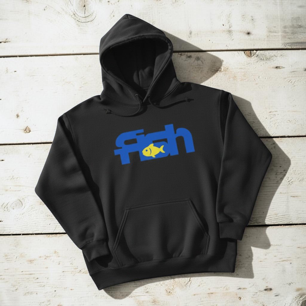Fish Hoodie in Charcoal — front graphic, warm sand studio background