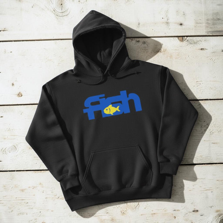 Fish Hoodie in Charcoal — front graphic, warm sand studio background