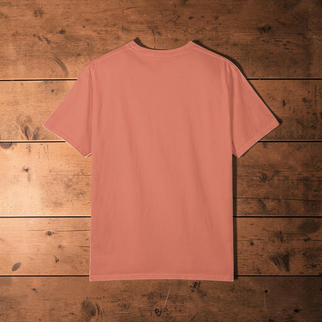 Back view of a FIVE TIDES APPAREL garment-dyed terracotta heavyweight cotton t-shirt with a relaxed fit.