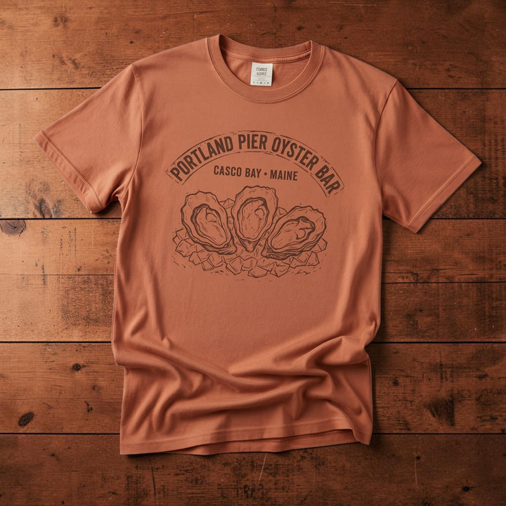 FIVE TIDES APPAREL terracotta garment-dyed cotton t-shirt featuring a vintage Portland Pier Oyster Bar graphic.