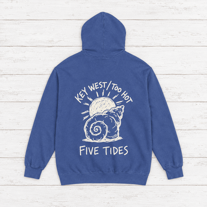 Beach Snail hoodie flat lay on whitewashed boards