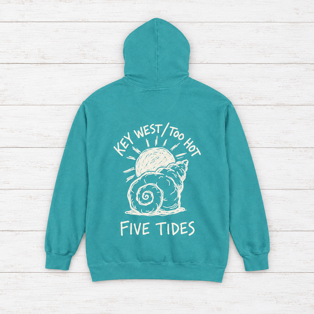 Beach Snail hoodie flat lay on whitewashed boards