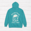 Beach Snail hoodie flat lay, view 1 — retro sun seashell graphic pullover by Five Tides Apparel