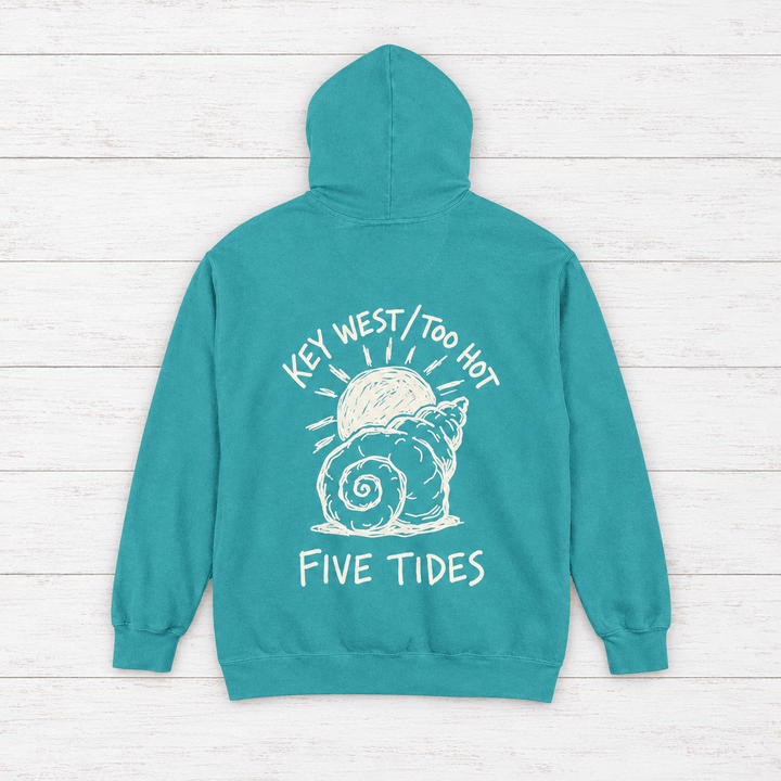 Beach Snail hoodie flat lay on whitewashed boards