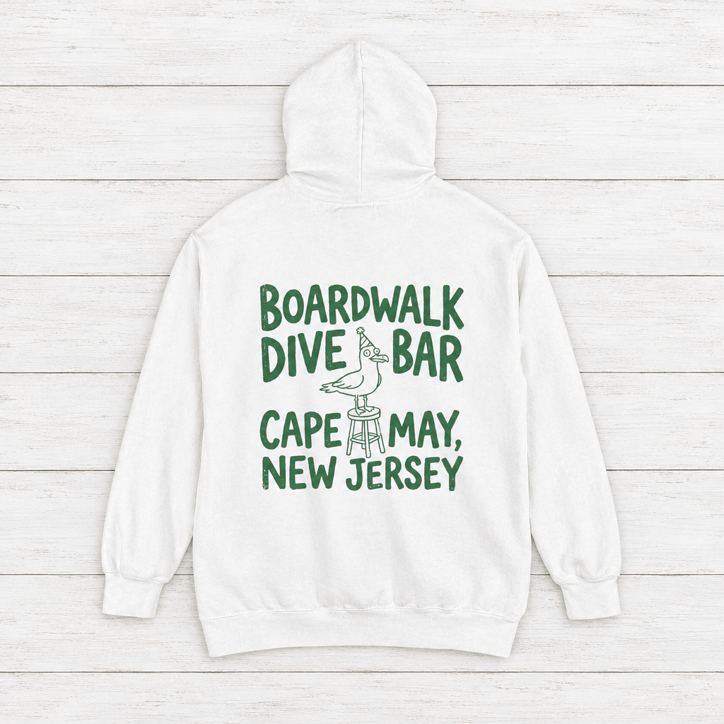 Cape May Dive Bar white hoodie flat lay on whitewashed boards