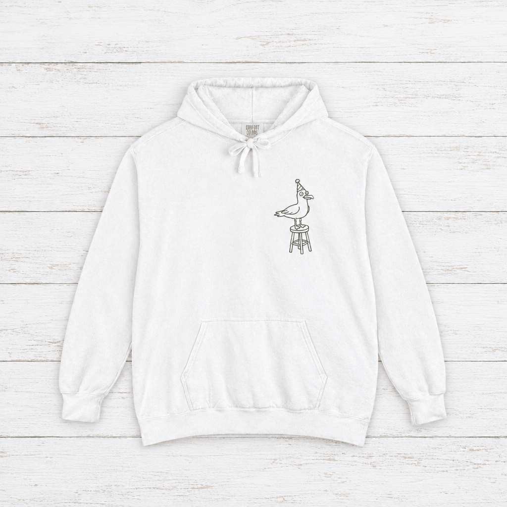 Cape May Dive Bar white hoodie flat lay on whitewashed boards