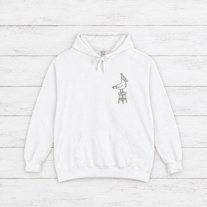 Cape May Dive Bar white hoodie flat lay on whitewashed boards
