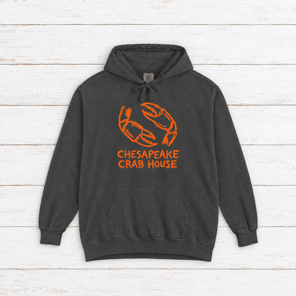Chesapeake Crab House hoodie flat lay on whitewashed boards