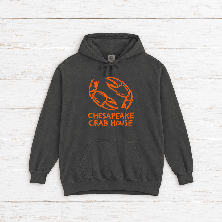 Chesapeake Crab House hoodie flat lay on whitewashed boards