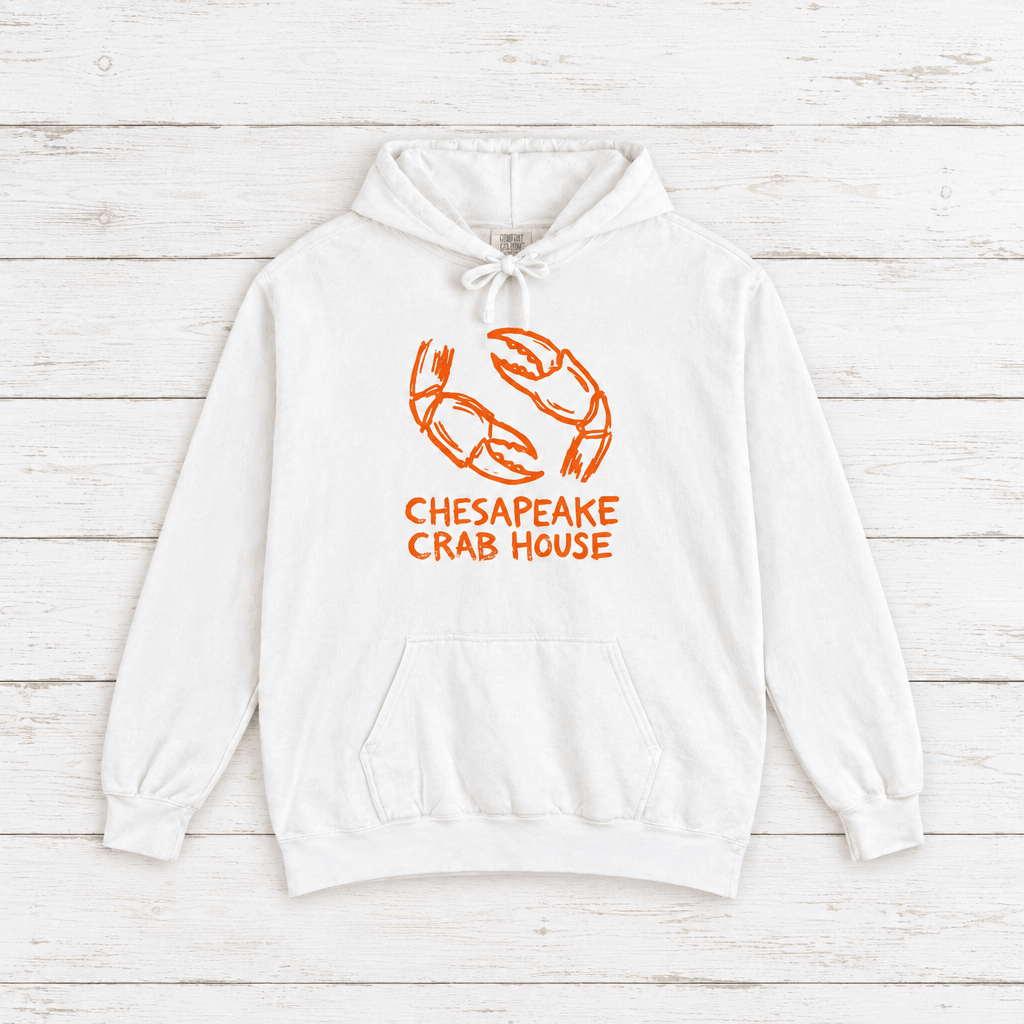 Chesapeake Crab House hoodie flat lay on whitewashed boards