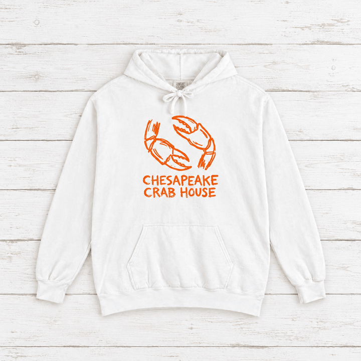 Chesapeake Crab House hoodie flat lay on whitewashed boards