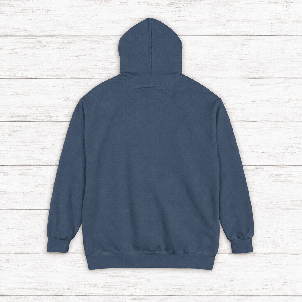 Chesapeake Crab House hoodie flat lay on whitewashed boards