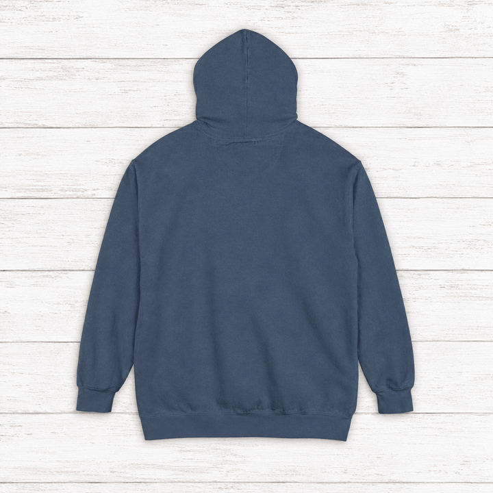 Chesapeake Crab House hoodie flat lay on whitewashed boards