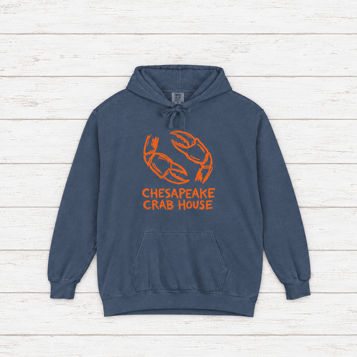 Chesapeake Crab House hoodie flat lay on whitewashed boards