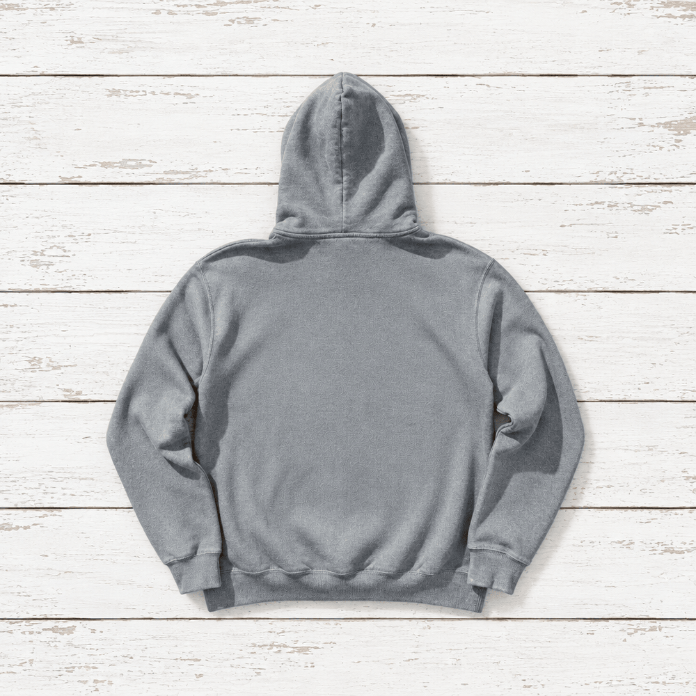Flo Blue Coastal Vibes Beach hoodie flat lay, back view — retro sunset graphic pullover by Five Tides Apparel