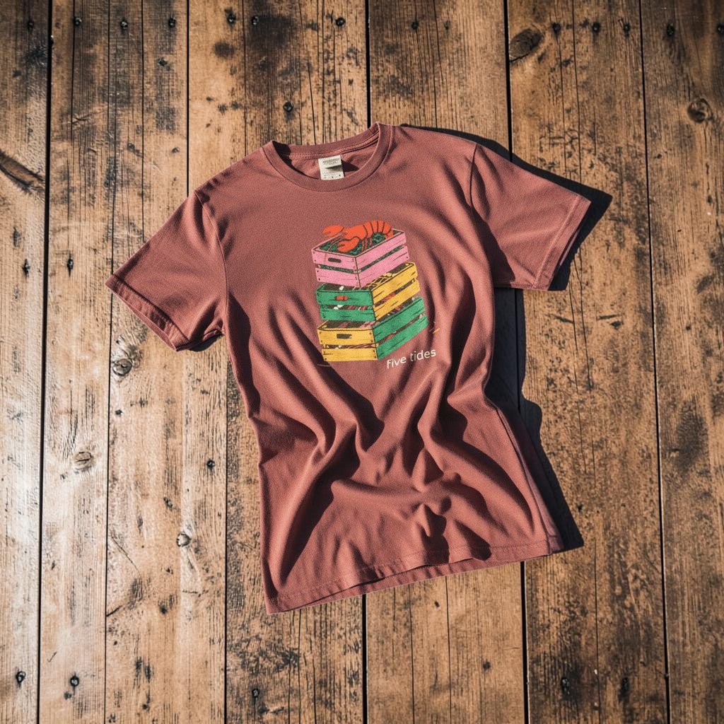 Crate Stack Lobster brick garment-dyed tee on light cracked cement with wet marks