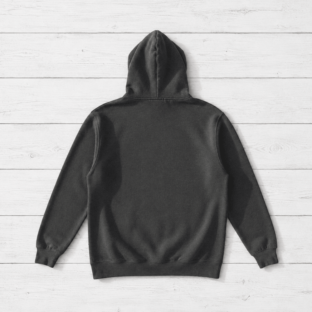 Pepper hoodie back flat lay on whitewashed boards
