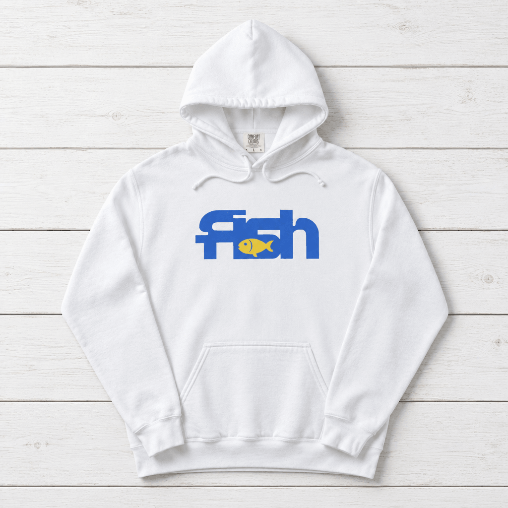 White Fish hoodie front flat lay on whitewashed boards