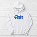 Five Tides Fish hoodie — front view of this coastal graphic pullover by Five Tides Apparel
