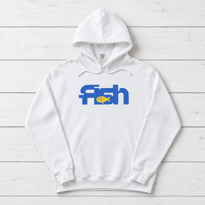 White Fish hoodie front flat lay on whitewashed boards