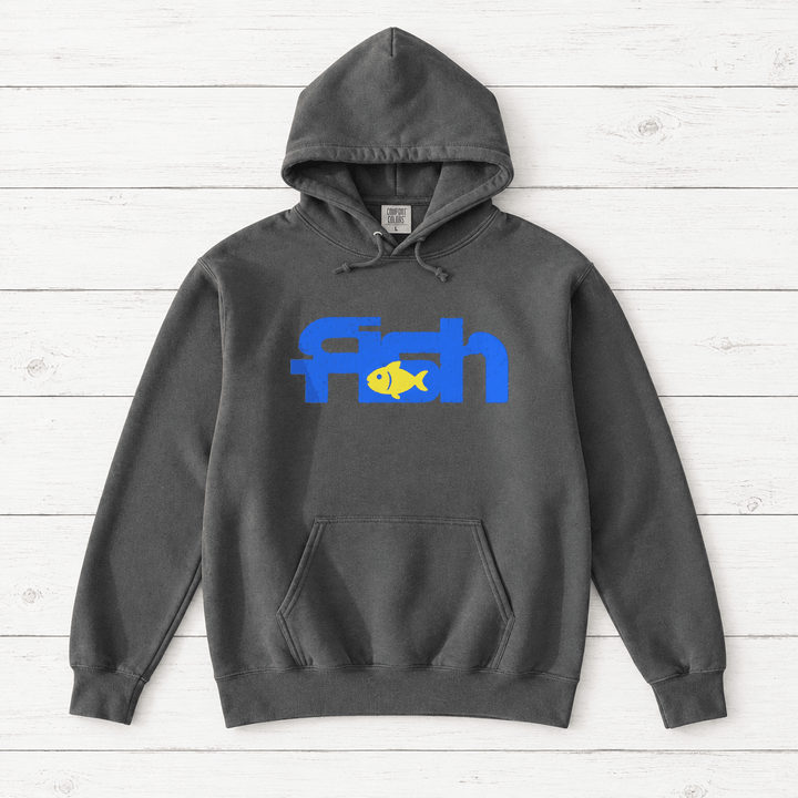 Grey Fish hoodie front flat lay on whitewashed boards