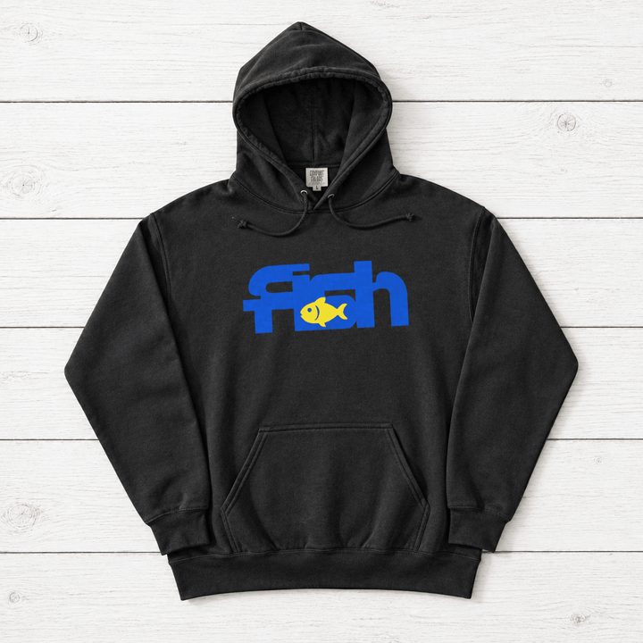 Pepper Fish hoodie front flat lay on whitewashed boards