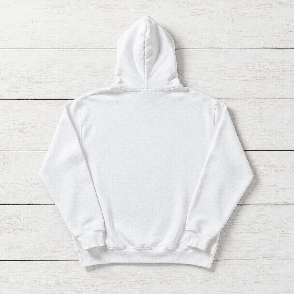 White Fish hoodie back flat lay on whitewashed boards