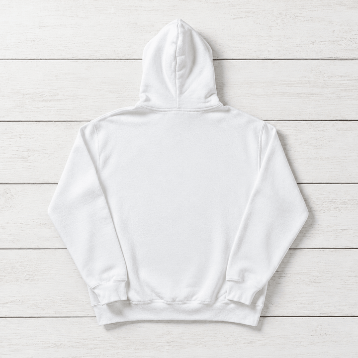 White Fish hoodie back flat lay on whitewashed boards