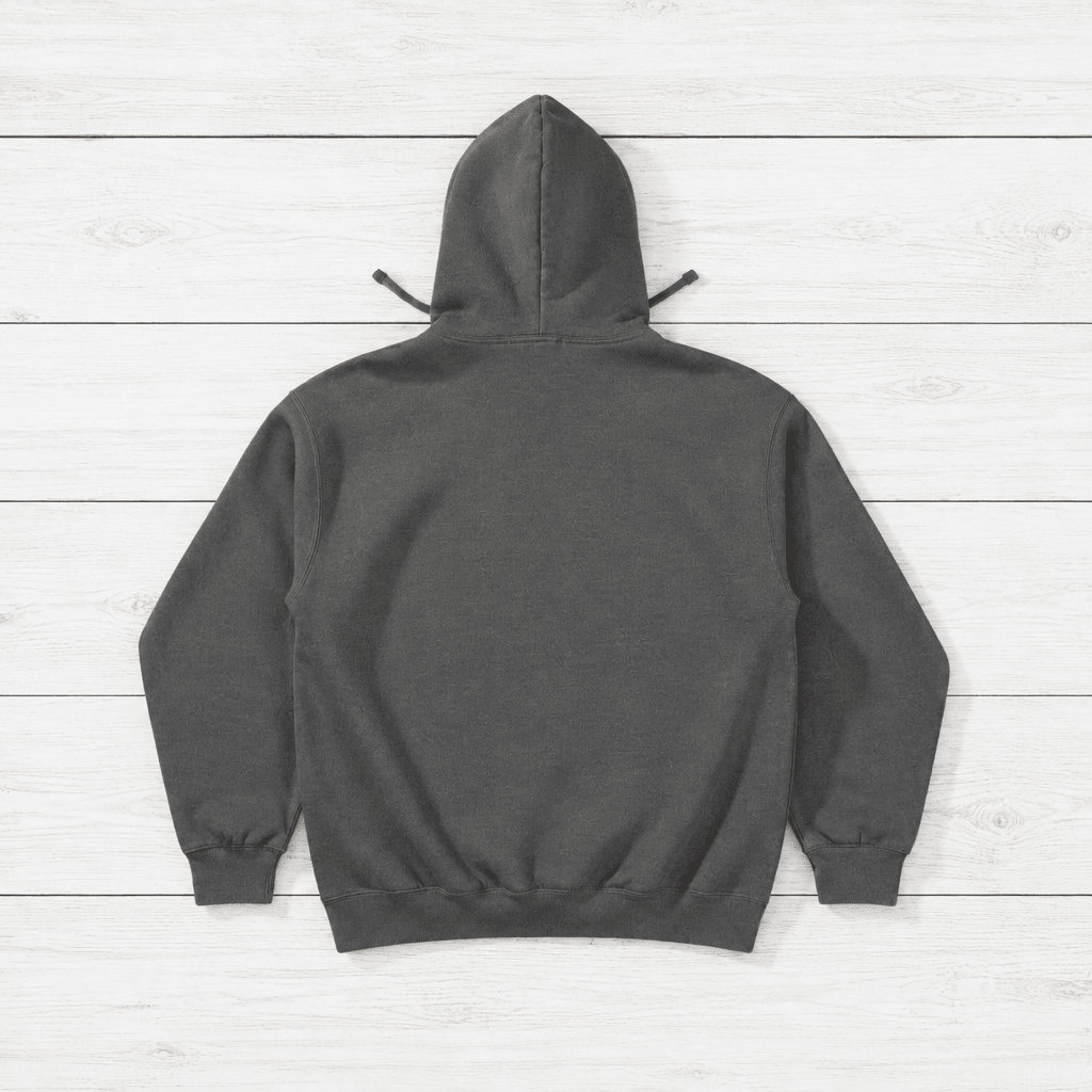 Grey Fish hoodie back flat lay on whitewashed boards