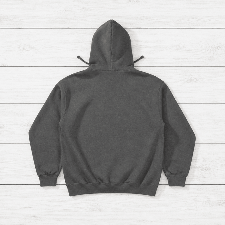 Grey Fish hoodie back flat lay on whitewashed boards