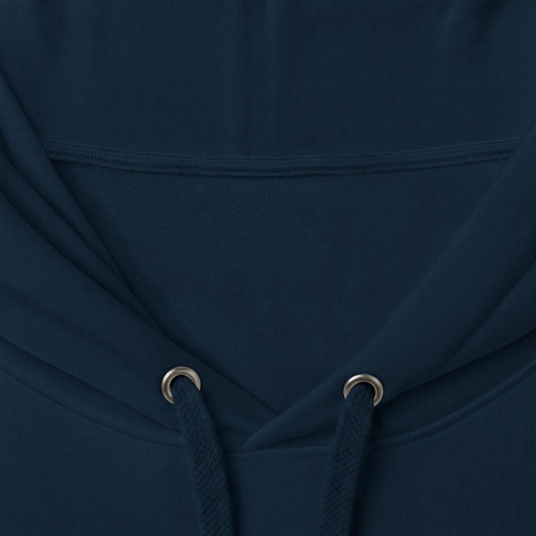 Five Tides fish navy hoodie front flat lay — nautical graphic pullover by Five Tides Apparel
