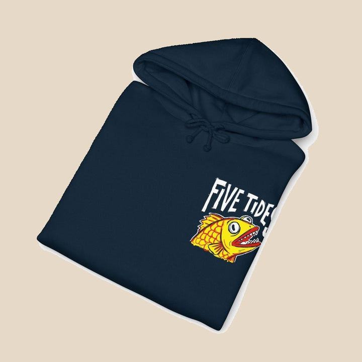 Five Tides fish black hoodie hood detail — nautical graphic pullover by Five Tides Apparel