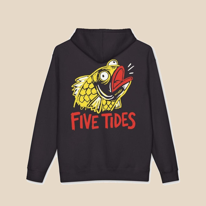 Five Tides fish navy hoodie close-up of fish chest graphic — nautical graphic pullover by Five Tides Apparel