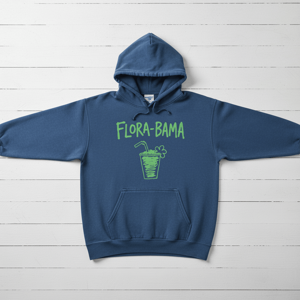 True Navy Flora-Bama cocktail hoodie front flat lay on whitewashed boards