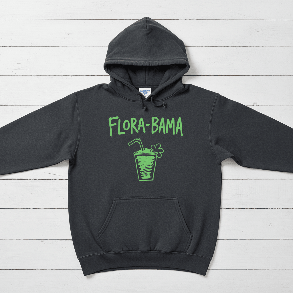 Pepper Flora-Bama cocktail hoodie front flat lay on whitewashed boards