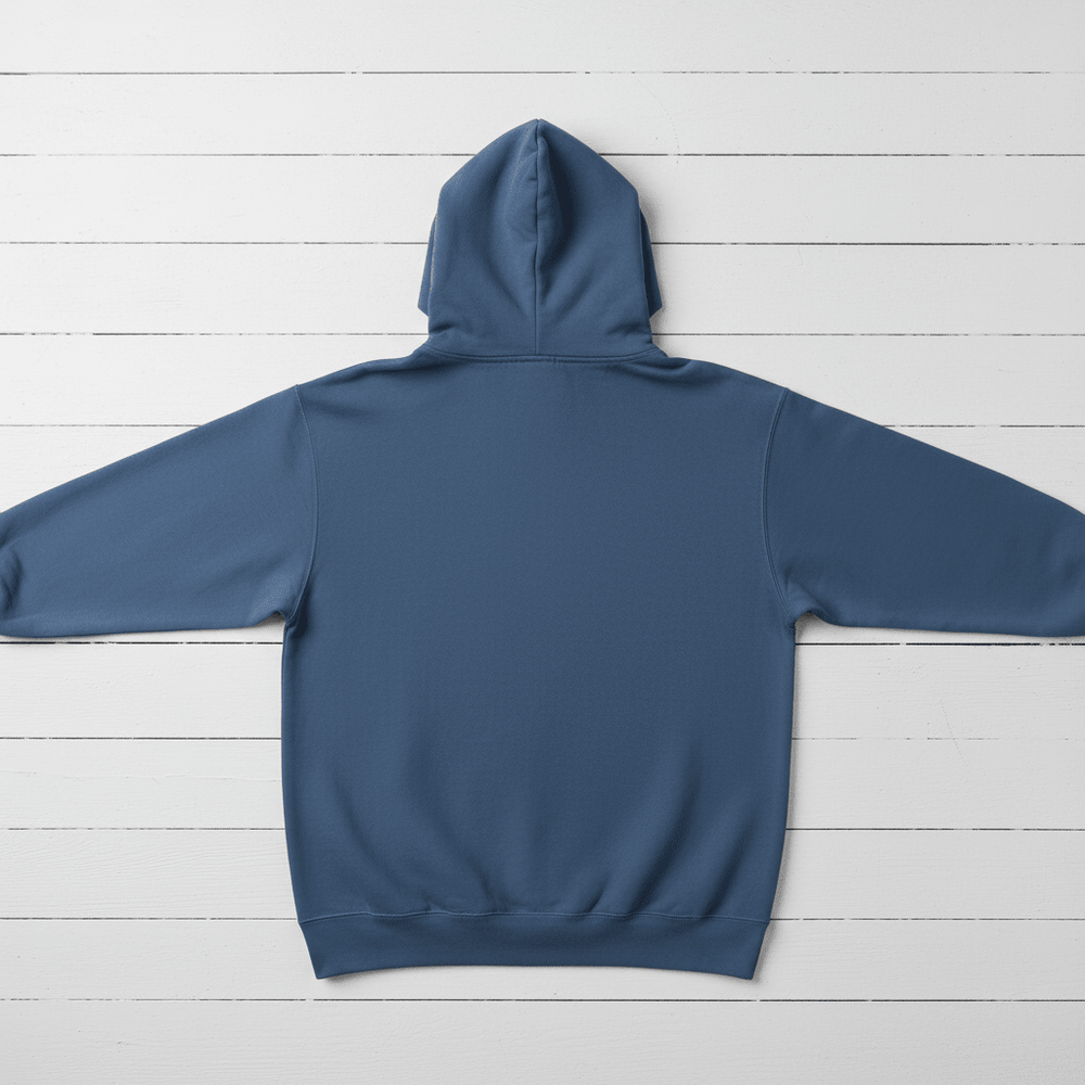 True Navy Flora-Bama hoodie plain back flat lay on whitewashed boards